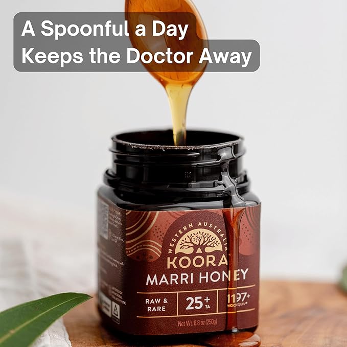 KOORA Marri Honey TA 25+ (MGO 1197+ Manuka Honey Rating Equiv.) Low GI, Raw Medicinal Honey for Daily Health & Immune Support, from the Ancient Wild Forests of Western Australia, 8.8 oz