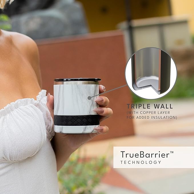 Elemental Recess Lowball Tumbler, 10oz Triple Wall Stainless Steel Cup with Non-Shattered Tritan Lid, Insulated Whiskey Glass, Insulated Coffee Tumbler Mug for Hot & Cold Drinks - White Marble