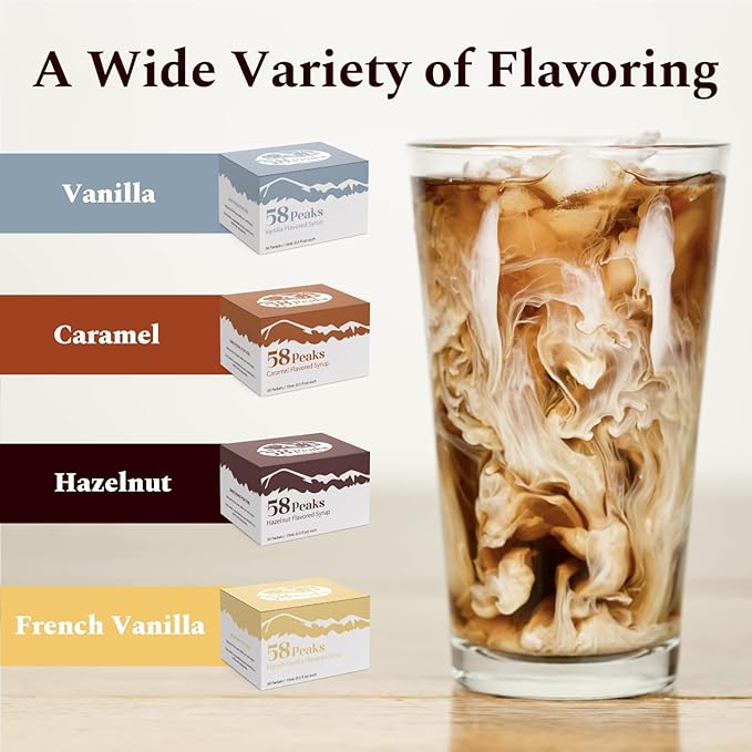 58Peaks French Vanilla Flavored Syrup Sweetener Packets for Hot and Cold Drinks | To-Go Syrup Flavoring Perfect for Coffee, Tea, Milkshake and More | Flavored Coffee Syrups for Travel | 15mL | 50-Pack