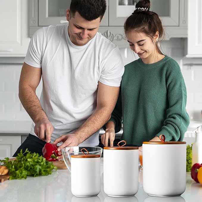 JOJUNO White Ceramic Food Storage Canister Set (30 oz, 48 oz, 82 oz) with Bamboo Lids, 3-Piece Airtight Jars for Flour, Sugar, Coffee, Tea, Oats, Spice – Kitchen Storage Containers with Lids