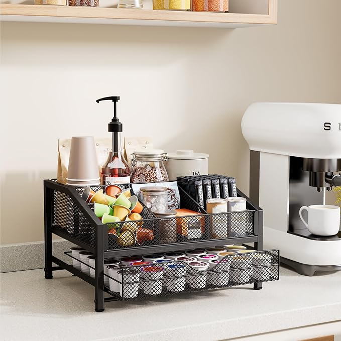 Coffee Bar Organizer - Coffee Station for Countertop, Metal and Wood K Cup holder Storage Basket with Drawer for Syrup, Cups, Stirrer, Condiment, Tea Organizer, Black
