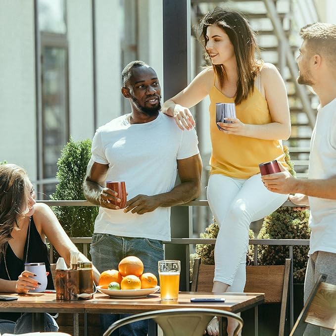 MEWAY 12oz/4 Pack Wine Tumbler Glasses with Lid - Stemless Double Wall Vacuum Stainless Steel Glitter Tumbler - Keeping Cold & Hot Cup for Coffee,Gift for Women(Rainbow White,Set of 4)