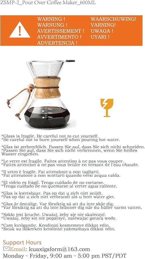 Pour Over Coffee Maker with Stainless Steel Filter, 20 oz Borosilicate Glass Coffee Carafe, Wooden Collar, Coffee Maker Carafe, Hold 3-4 Cups, 600 ml, Clear