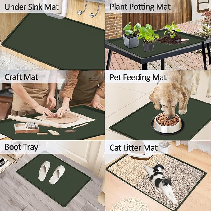 Silicone Coffee Maker Mat with Lip, 19.7'' x 15'' Heavy Duty Coffee Maker Mat for Countertops, Coffee Tray Fit Under Coffee Machine Appliance Automatic Machines Espresso Accessory, Dark Olive Green