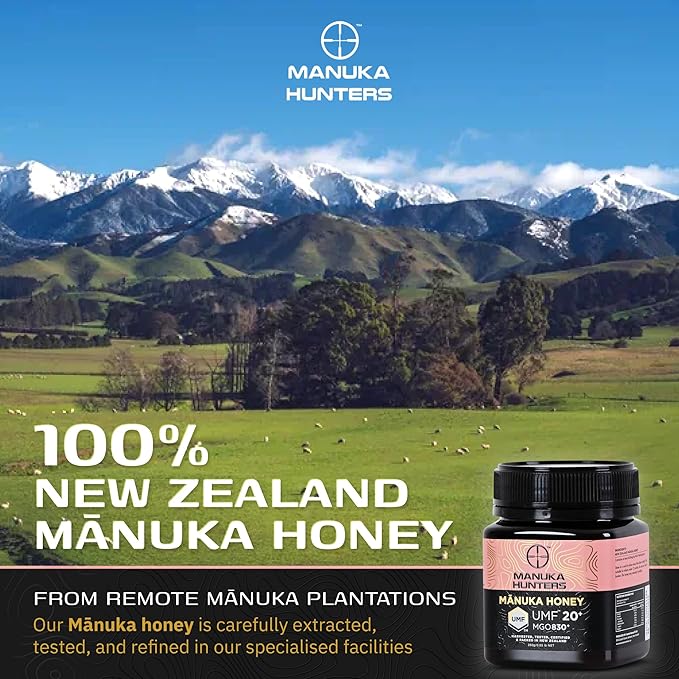 Manuka Hunters UMF 20+/MGO 830+ Certified New Zealand Manuka Honey - 100% Pure Natural Sweetener - Gluten, Dairy Free - Ideal for Tea, Coffee, Smoothies, and Baking - Sustainable - 8.8oz/250g Jar