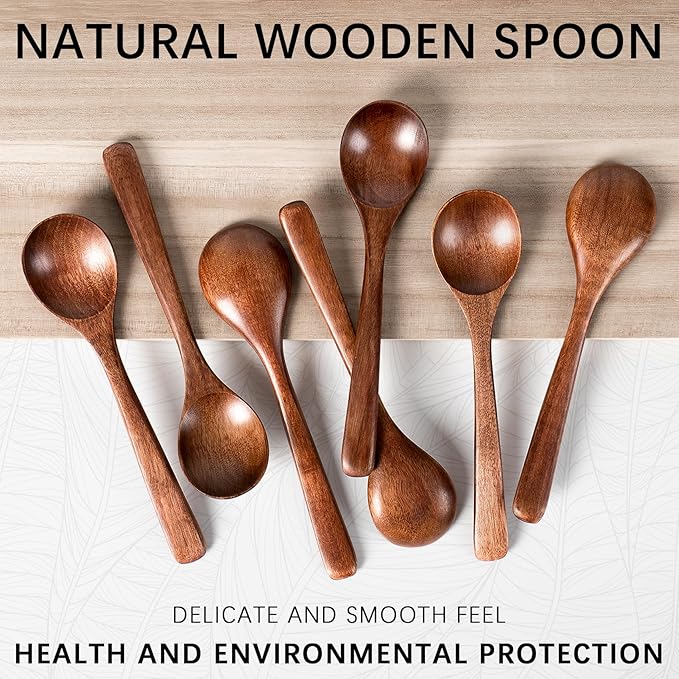7 PCS Wooden Spoons for Eating, 7 inch Wooden Honey Spoons for Tea, Wood Teaspoons for Stirring Coffee, Hard Wood Table Spoon for Cooking, Small Serving Spoon for Soup, Desserts & Cereal