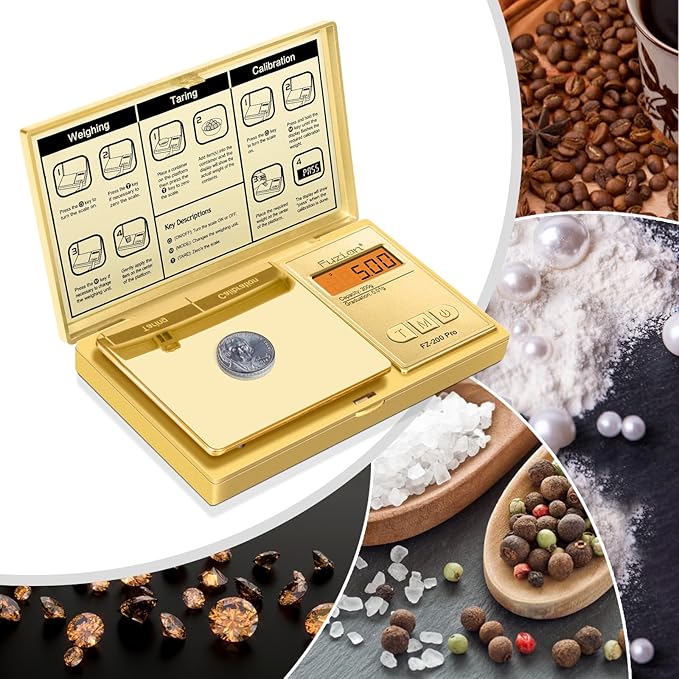 Fuzion Digital Pocket Gram Scale .01 Gram Accuracy, Gold Titanium Plating, 200g Small Digital Scale, Mini Jewelry Scale for Food, Herb, Spice, Coin - Weight Gram and Oz - 100g Calibration Weight