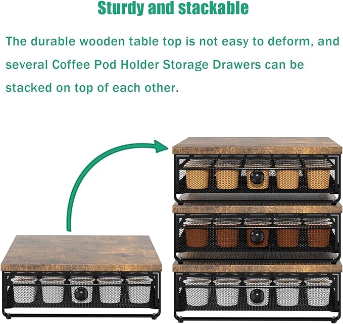 Coffee Pod Holder Counter Coffee Vertuo Capsules Storage Organizer with Sliding Drawer Compatible For 35 K-Cup Pods No Assembly Needed Rustic Brown