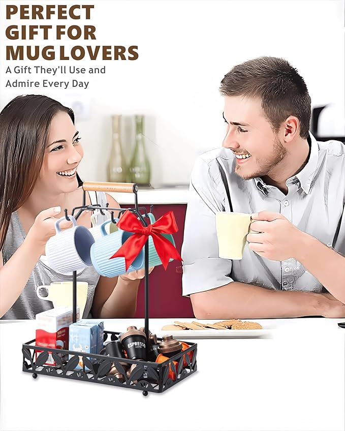 Coffee Mug Holder for Countertop, Mug Tree & Mug Rack with Storage Basket, 2-in-1 Organizer Holds 4 Large Mugs, Kitchen Cup Holder for Coffee Bar Accessories, Pods & Tea Bags, Black Metal with Handle