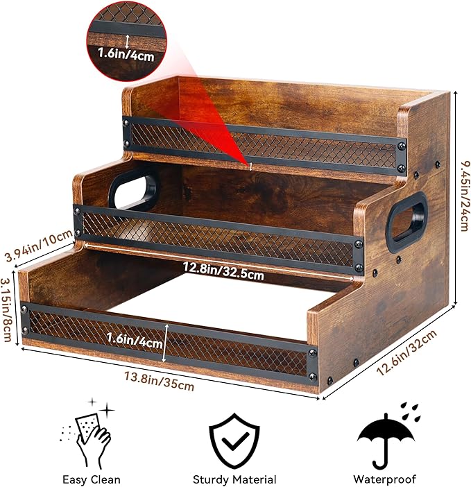 Liquor Bottle Display Shelf, Coffee Syrup Rack Organizer, 3 Step Countertop Liquor Wine Rack, 12 Bottles Coffee Station Organizer with Fences & Handles, Home Retro Bar Shelf Stand for Liquor Whiskey