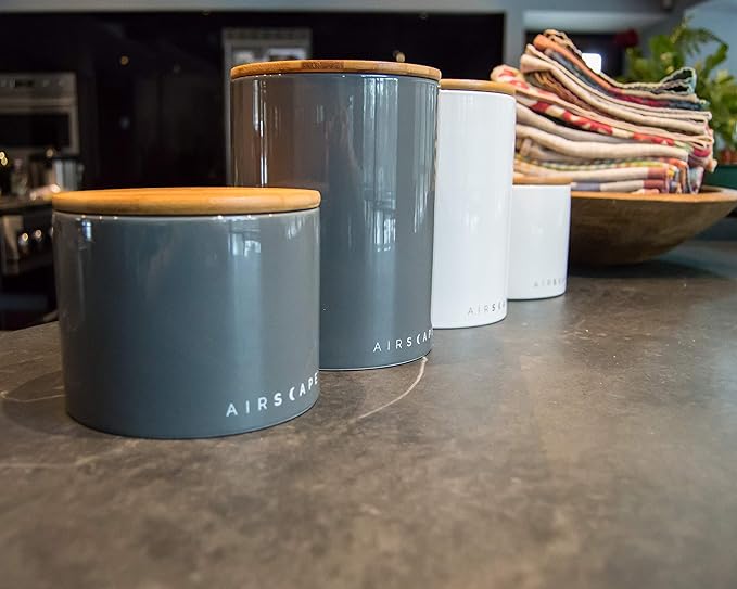 AirScape Planetary Design Ceramic Coffee and Food Storage Canister – Small 4-inch – US Patented Airtight Inner Lid – Gray with Bamboo Top