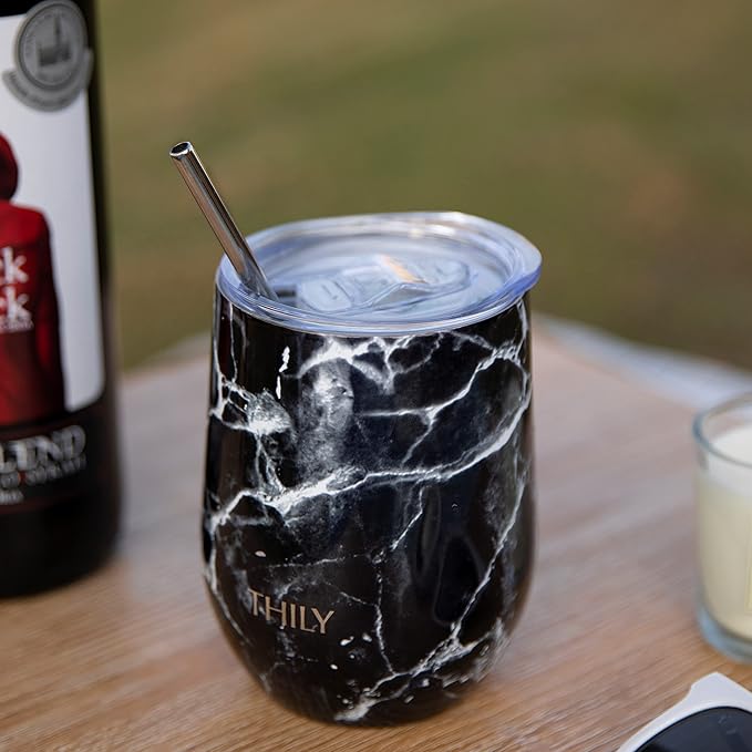 THILY Vacuum Insulated Stemless Wine Tumbler 12 oz Stainless Steel Wine Glass with Lid and Straw, Keep Drinks Cold or Hot, Christmas Birthday Gift, 2 Pack(White Marble + Black Marble)