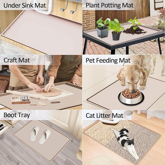 Silicone Coffee Maker Mat with Lip, 19.7'' x 15'' Heavy Duty Coffee Maker Mat for Countertops, Coffee Tray Fit Under Coffee Machine Appliance Automatic Machines Espresso Accessory, Khaki