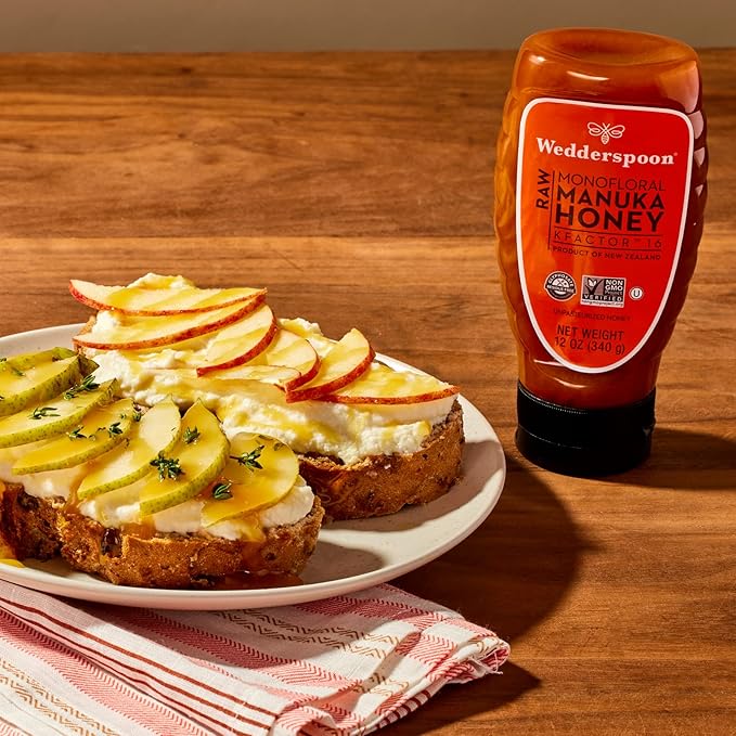 Wedderspoon Raw Manuka Honey, Unpasteurized, Genuine New Zealand Honey, Multi-Functional, Non-GMO Superfood, Convenient Squeeze Bottle, KFactor 16, 12 Ounce