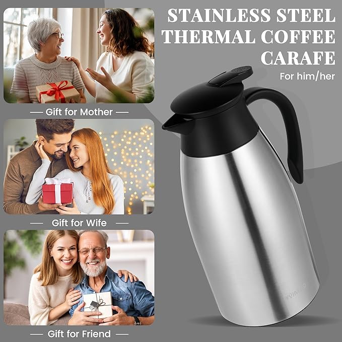 68 Oz Thermal Coffee Carafe, Stainless Steel Insulated Vacuum coffee crafts to keep coffee hot, 2 Liter Tea Water Coffee and Beverage Dispenser (Silver)