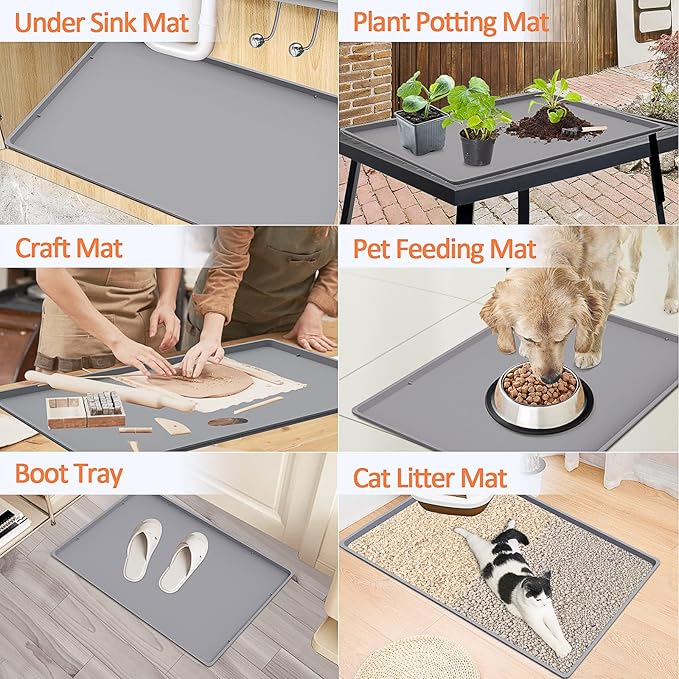 TOHONFOO Silicone Coffee Mat with Lip, 19.7'' x 15'' Heavy Duty Bar Mat, Coffee Tray for Countertop Fit Under Machine Pot Espresso Machine, Grey