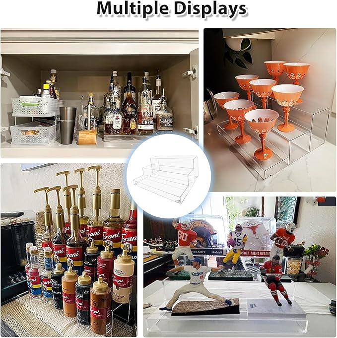 Liquor Bottle Display Shelf, Clear Acrylic Riser Display Stand, Bar Shelves for Liquor Bottles, 3 Tier Shelf Organizer for Alcohol Figures Coffee Syrup Display, 16" L x 12.5" W x 6.5" H, Clear