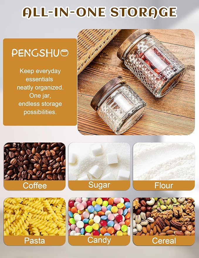 Glass Jars with Wood Lids Labels and Pen - Kitchen and Pantry Storage Container Sets for Countertop, Airtight Decorative Vintage Canisters for Candy, Cookie, Treat, Sugar, Coffee, Tea, Set of 3