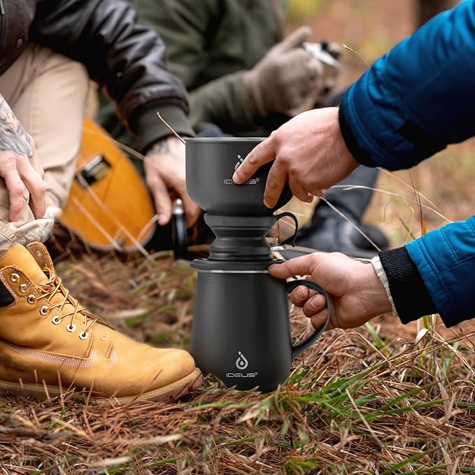 IDEUS Brew Pour Over Dripper, Portable Stainless Steel Reusable Filter Manual Camp Coffee Maker BPA-Free for Home, Office & Camping (Camp Dripper-Black)