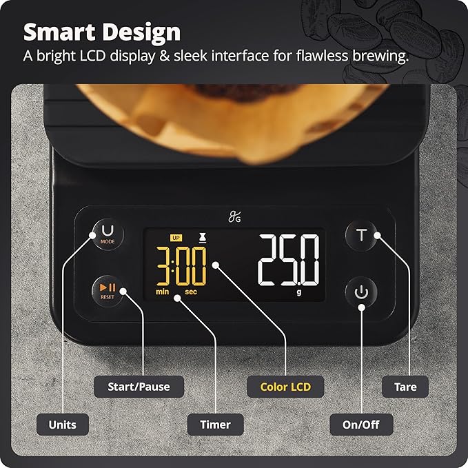 Greater Goods 0.1g Precision Coffee Scale with Timer โ 3kg Digital Scale for Pour-Over, Espresso, French Press, Kitchen Use (Onyx Black)