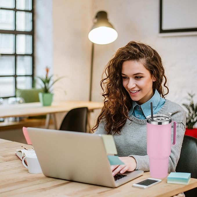 HASLE OUTFITTERS 40 oz Stainless Steel Tumbler with Handle, Vacuum Insulated Tumblers Bulk, Reusable Double Wall Travel Coffee Mug, Durable Powder Coated Water Bottle(Pink, 1)
