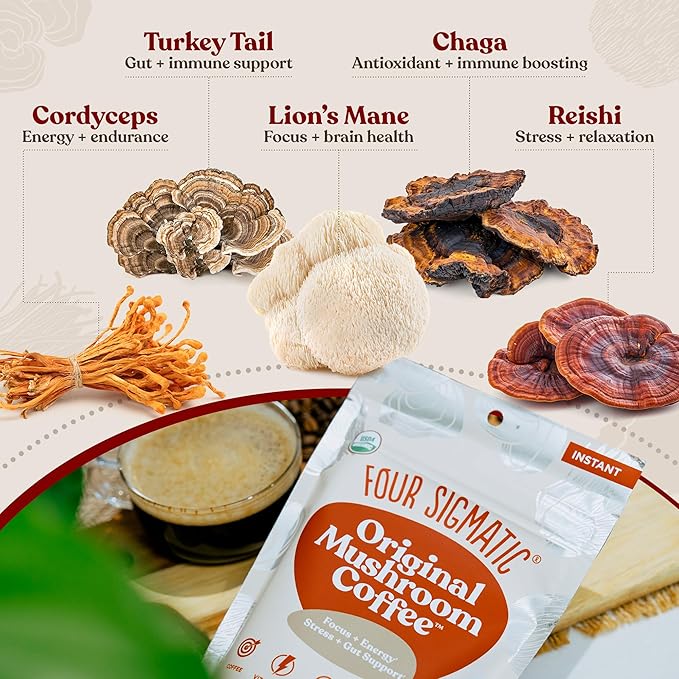 Four Sigmatic Original Mushroom Coffee | High Dose Lion's Mane, Chaga, Turkey Tail, Cordyceps and Reishi | Energy, Focus & Immune Support | 30 Servings