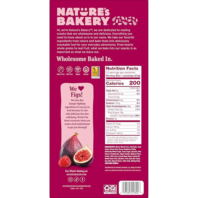 Nature’s Bakery Whole Wheat Fig Bars, Raspberry, Real Fruit, Vegan, Non-GMO, Snack bar, 1 box with 12 twin packs (12 twin packs)