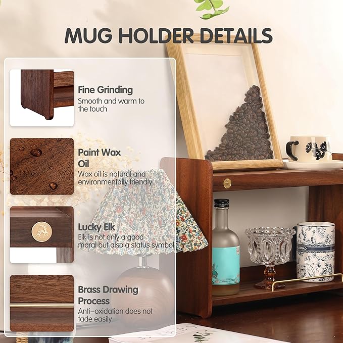 Coffee Mug Holder Wooden Cup Rack Mug Display Shelf Coffee Cup Holder for Countertop With 4 Mug Cups 2 Tier Wood Coffee Mugs Holder for Kitchen Coffee Cup Storage