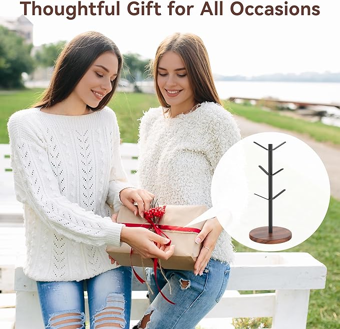 Coffee Mug Tree Holder Countertop, Non-Slip Walnut Wood Mug Rack with 6 Hooks, Coffee Cup Rack for Home Storage and Organizer (Brown)