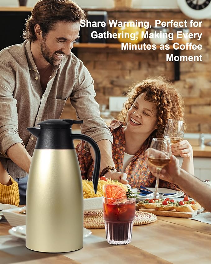70 OZ Updated Thermal Coffee Carafe for keeping hot, 2 PCS Carafe for hot liquid, Insulated Stainless Steel Vacuum Thermal Pot for Coffee, Hot Water,Keep Hot 12 Hours (Gold+Gold)