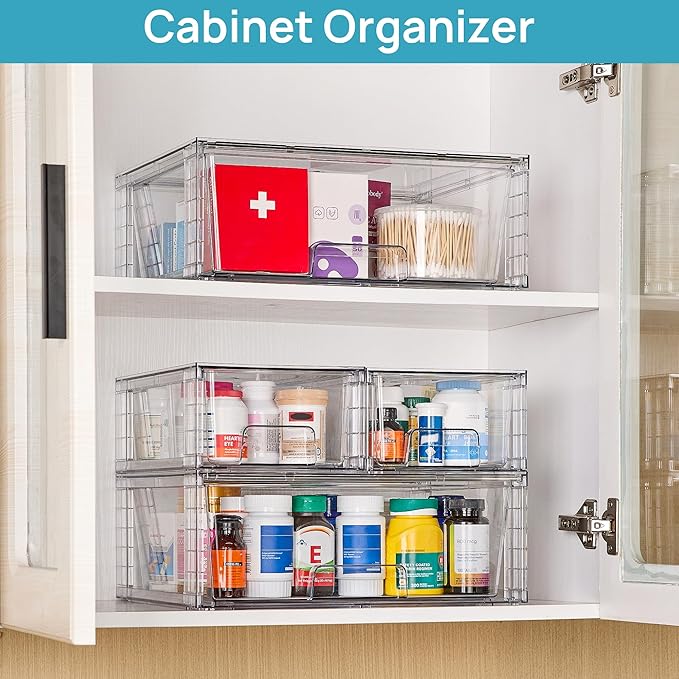 Vtopmart 3 Pack Stackable Storage Drawers, Easily Assemble Acrylic Bathroom Undersink Organizers,Clear Plastic Storage Bins for Closet,Cabinet,Pantry,Medicine Organization