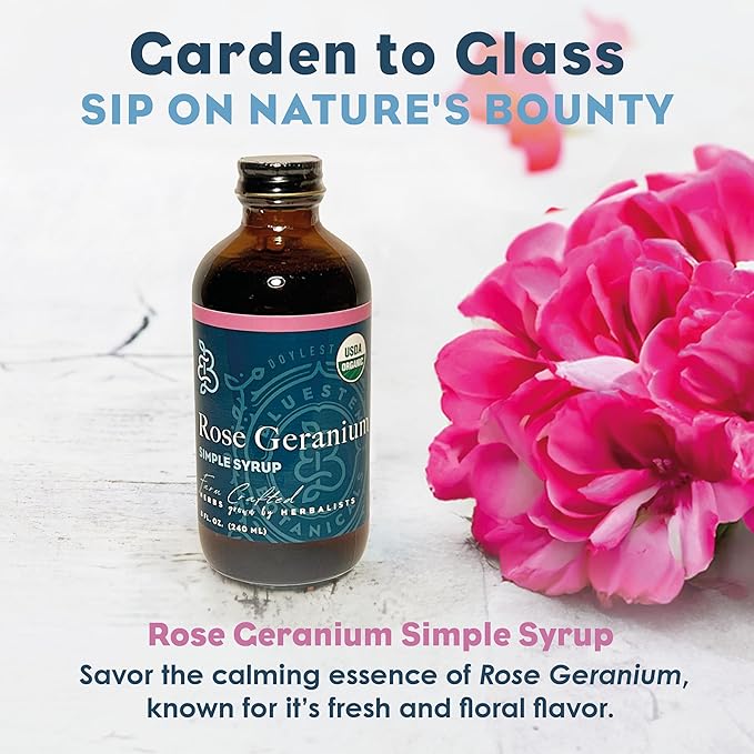 Bluestem Botanicals Organic Rose Geranium Simple Syrup, 8 oz, Cocktail and Mocktail Mixer for Drinks, Non-Alcoholic