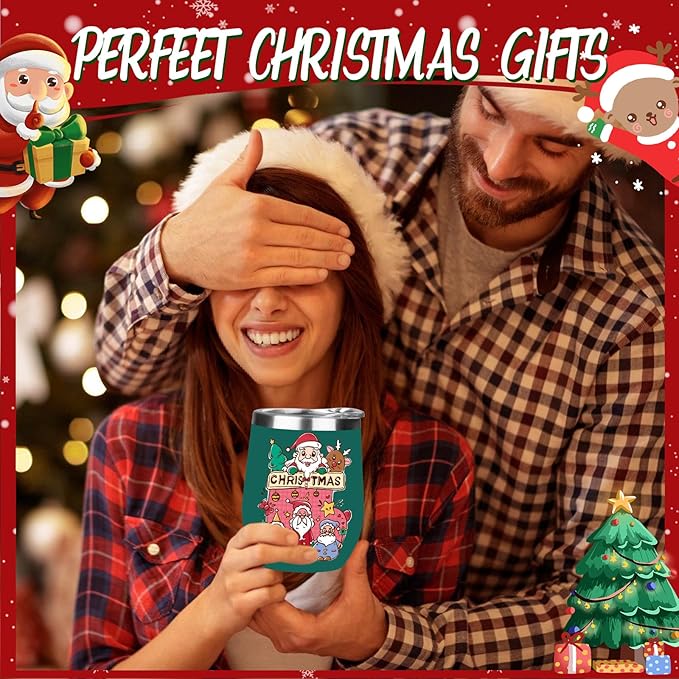 Christmas Wine Tumbler 12 oz Stainless Steel Wine Tumble Insulated Wine Tumbler with Lid Christmas Wine Glass Gifts with Straw and Brushes for Women Men Xmas Wedding Party (Green)