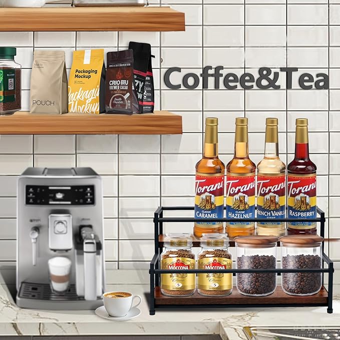 Coffee Syrup Rack Organizer - 2-Tier 10 Syrup Bottles Holder for Coffee Bar, Liquor Bottle Display Shelf - Rustic Kitchen Cabinet for Spices, Jars - Stepped Pantry Shelf for Syrup, Wine, Tea & Coffee