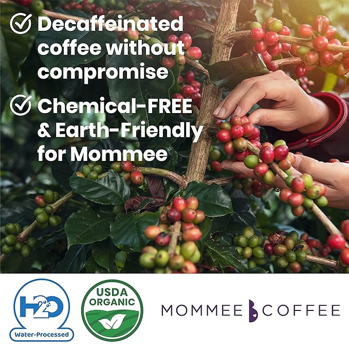 Mommee Coffee Half Caf Low Acid Whole Organic Coffee Beans - 100% Arabica Organic Half Caff Coffee Beans with Smooth Caramel Flavor - Natural Process - Medium Roast - 11 oz