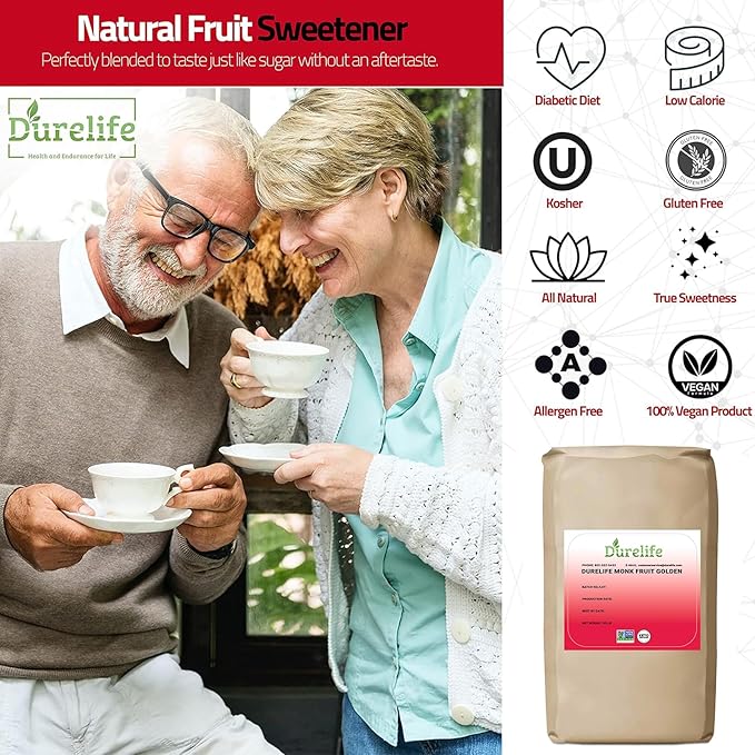 Durelife Golden Monk Fruit Sweetener, 1:1 Sugar Replacement, Keto Diet Friendly, Zero Calorie, Kosher Sugar Substitute, Golden - 55 lb Bulk Bag