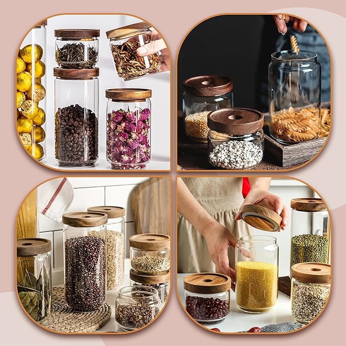 720ML/24Oz Clear Cute Glass Storage Canister Holder with Stackable Airtight Wood Lid, Modern Decorative Container Jar for Coffee, Spice, Candy, Salt, Cookie, Condiment, Pepper, Sugar
