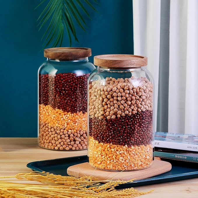 Large Glass Jar with Airtight Lid 94 FL OZ Glass Canister Set Wooden Lids Glass Food Storage Containers for Kitchen Counter Flour Tea Coffee Beans Sugar Cookies Overnight Oats (2pcs 2.8L)
