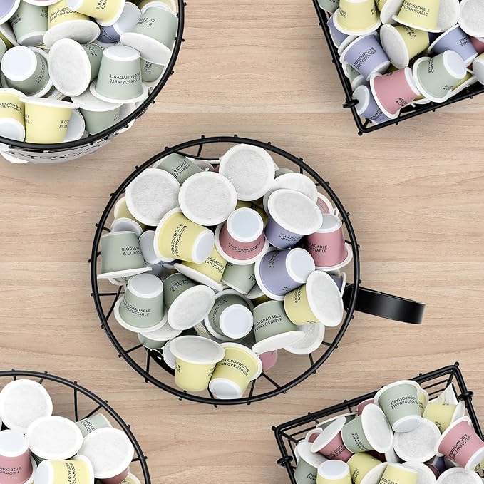 Rustic Metal K-Cup Coffee Pod Holder Mug - Large Wire Basket with Wooden Base for Countertop Coffee Storage - Farmhouse Decor for Home & Office (Rustic Brown-Round)