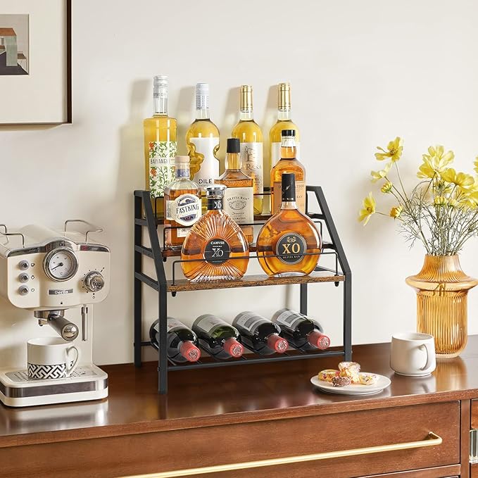 VINAEMO Wine Racks Countertop, 3-Tier Liquor Bottle Display Shelf, Coffee Syrup Organizer, Small Wine Rack, Wine Bottle Holder for Whiskey Bar, Retro Bar Shelves for Home Bar