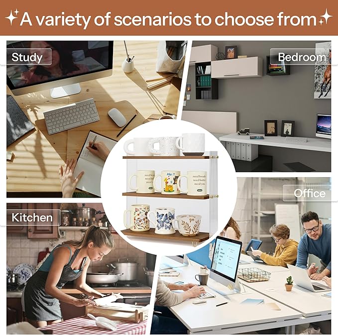 Coffee Mug Holder Wooden Cup Station Organizer 3 Tier Cup Holder for Coffee Bar Mug Display Rack for Countertop Mug Holder Shelf for Home Kitchen Walnut Wood