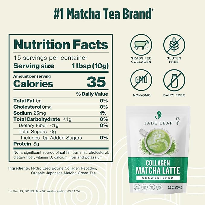 Jade Leaf Matcha Café Style Collagen Matcha Latte Green Tea Powder, Unsweetened, Sugar Free, Premium Barista Crafted Mix, Authentically Japanese, 15 Servings (5.3 Ounces)