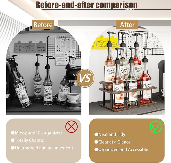 KLM Coffee Syrup Organizer, 2 Tier Wooden Small Display Shelf (6 Bottle Capacity),Syrup Bottle Sturdy Holder for Coffee Bar, Kitchen Countertop Syrups, Condiments and Wine