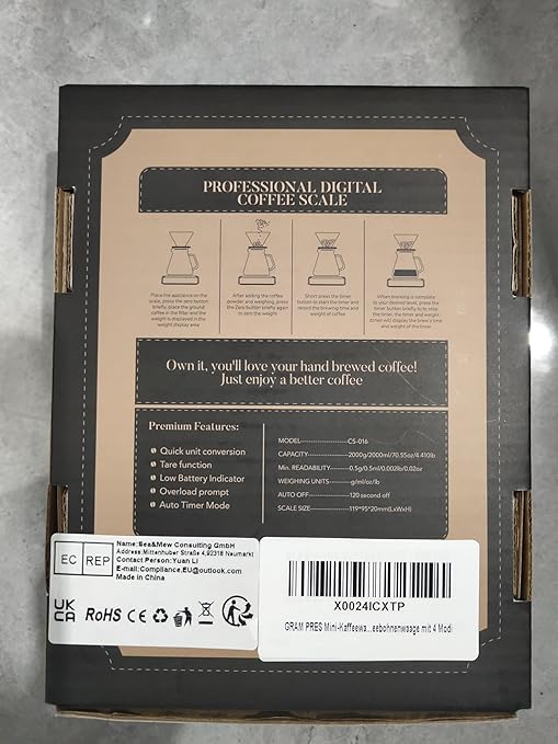 Mini Coffee Scale with Timer, Rechargeable Espresso Scale 2kg/0.1g, for Espresso and Pour-Over Coffee, Portable Coffee Beans Scale with 3 Modes