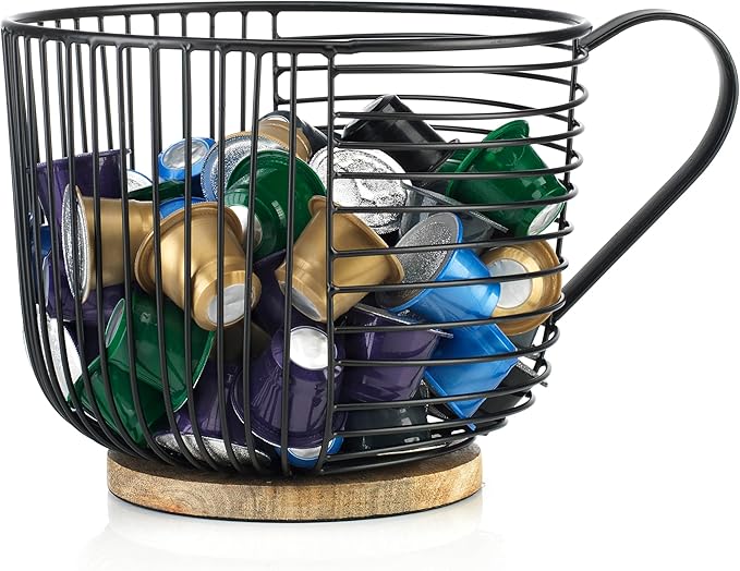 Coffee Pod Holder - Large Capacity Black Wire K Cup Storage with Wooden Base - Modern Coffee Basket Decor for Kitchen Countertop for Keurig Kcups & Espresso Capsules