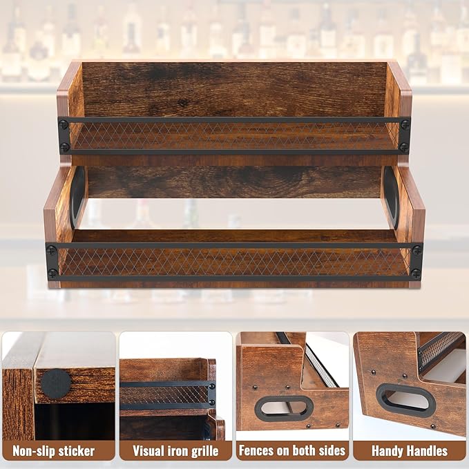 Liquor Bottle Display Shelf, Coffee Syrup Rack Organizer, 2 Step Countertop Liquor Wine Rack, 8 Bottles Coffee Station Organizer with Fences & Handles, Home Retro Bar Shelf Stand for Liquor Whiskey