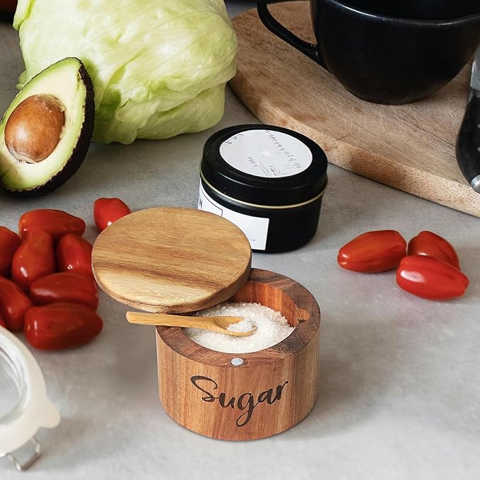 Acacia Wood Spice Box with Swivel Cover for Kitchen Countertop,Salt Keeper with Built-in Spoon,Modern Farmhouse Kitchen Decoror for Storing Seasonings (Labeled Sugar)