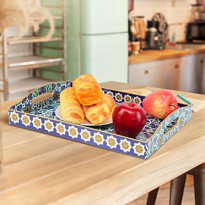 Gifturbo Serving Tray with Two Handles,Decorative Tray for Coffee Table, Plastic Rectangular Durable Serving Trays for Living Room, Bathroom, Outdoors, Blue