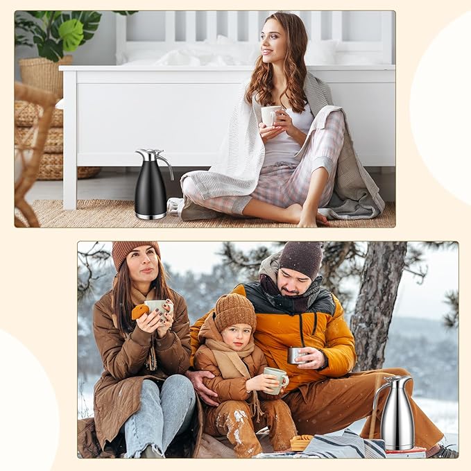 Uiifan 2 Pcs 68 oz Thermal Coffee Carafe Insulated Stainless Steel Coffee Carafe for Hot Liquids Vacuum Thermal Pot Creamer Dispenser with Brushes Keeping Hot Tea Milk Water(Black, Silver)