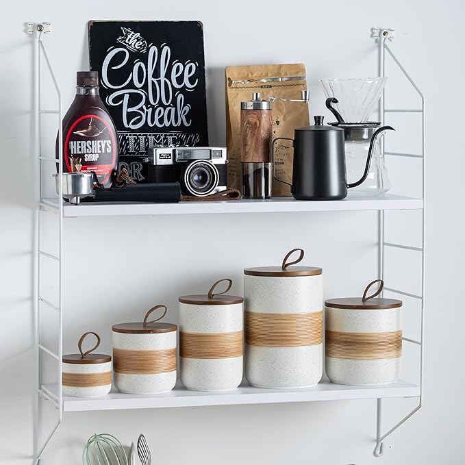 Ceramic Jar with Lid, Coffee Container Kitchen Food Storage Jars for Spice Sugar Tea Bag, Stackable Decorative Jars for Countertop, White & 18 fl.oz